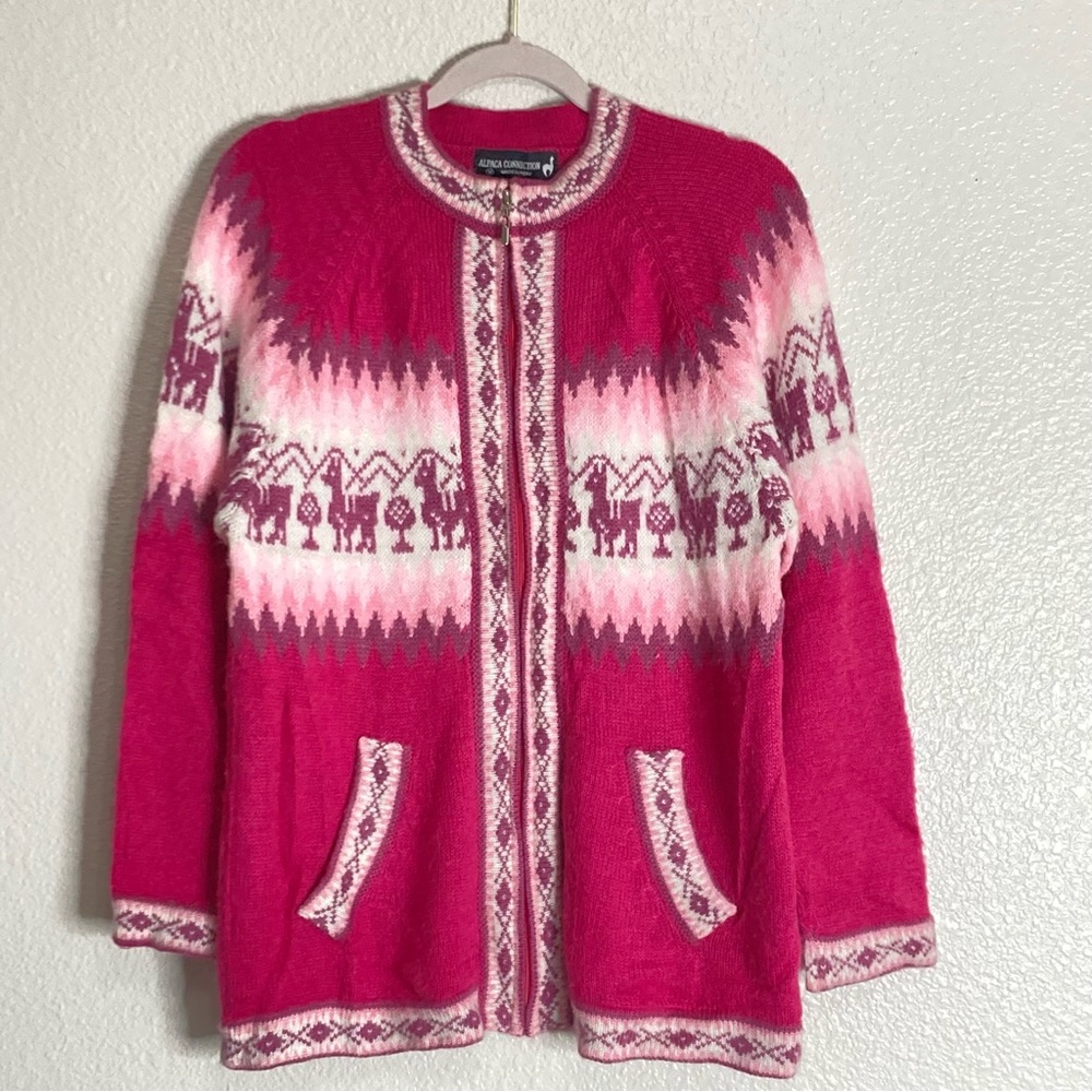 Alpaca Connection Pink Llama Fair Isle  Full Zip Cardigan Sweater M Alpaca Wool